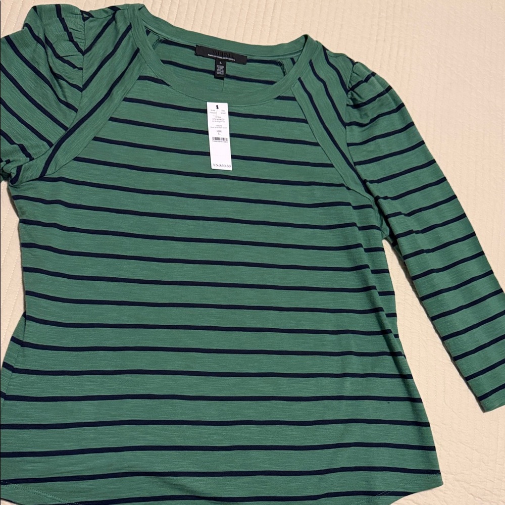 White House Black Market Dusk Stripe Park Green Tee